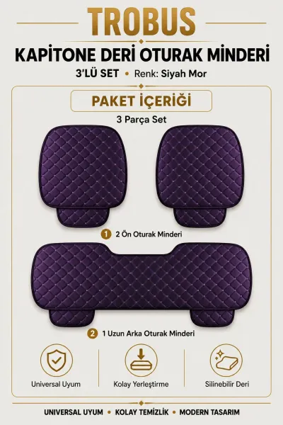 Üniversal Kapitone Deri 3'lü Oturak Minderi Siyah Mor