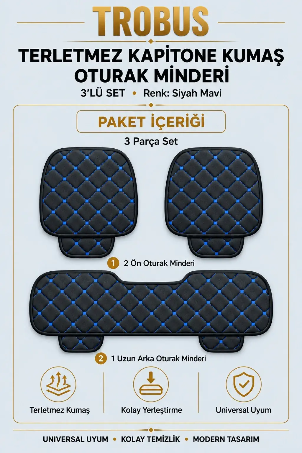 Üniversal Kapitone Kumaş Oto Koltuk Minderi 3'lü Oturak Siyah Mavi