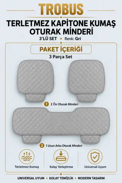 Üniversal Kapitone Kumaş Oto Koltuk Minderi 3'lü Oturak Gri