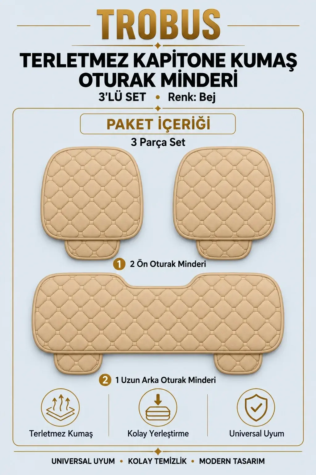 Üniversal Kapitone Kumaş Oto Koltuk Minderi 3'lü Oturak Bej