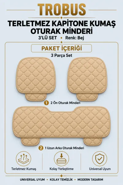 Üniversal Kapitone Kumaş Oto Koltuk Minderi 3'lü Oturak Bej