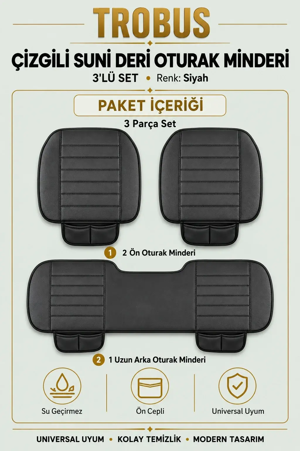 Üniversal Çizgili Suni Deri 3'lü Su Geçirmez Oto Oturak Minderi Siyah