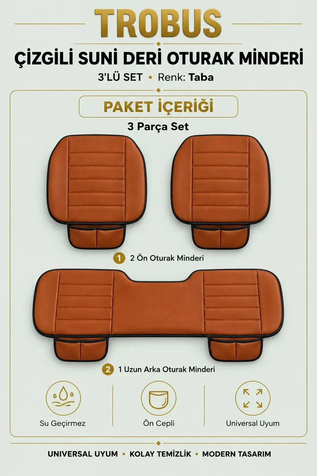 Üniversal Çizgili Suni Deri 3'lü Su Geçirmez Oto Oturak Minderi Taba
