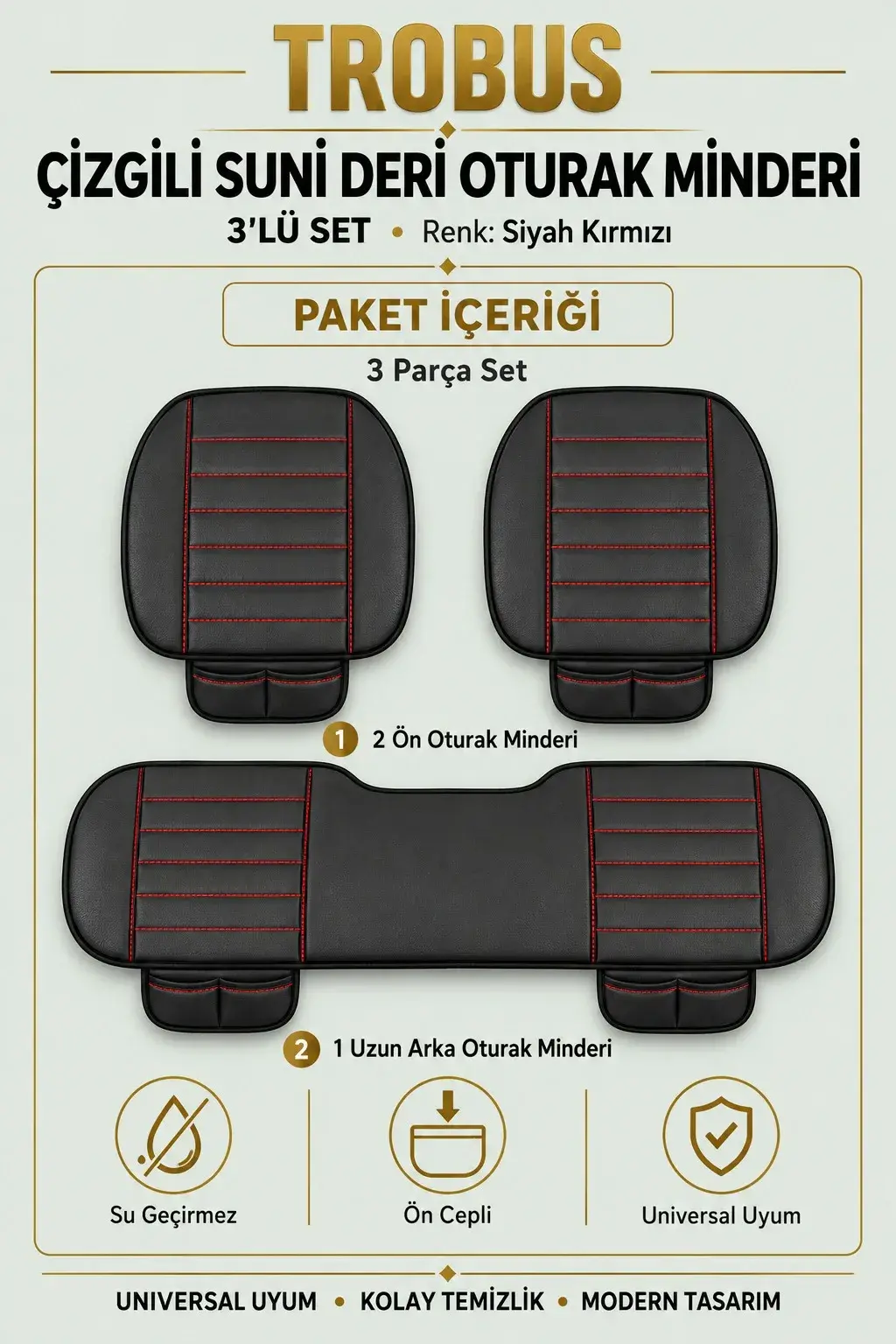Üniversal Çizgili Suni Deri 3'lü Su Geçirmez Oto Oturak Minderi Siyah Kırmızı