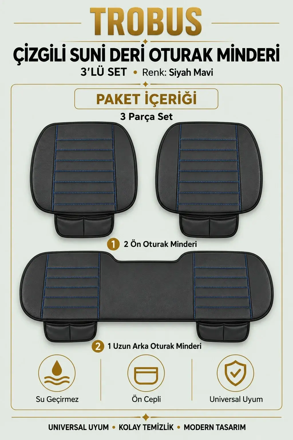 Üniversal Çizgili Suni Deri 3'lü Su Geçirmez Oto Oturak Minderi Siyah Mavi