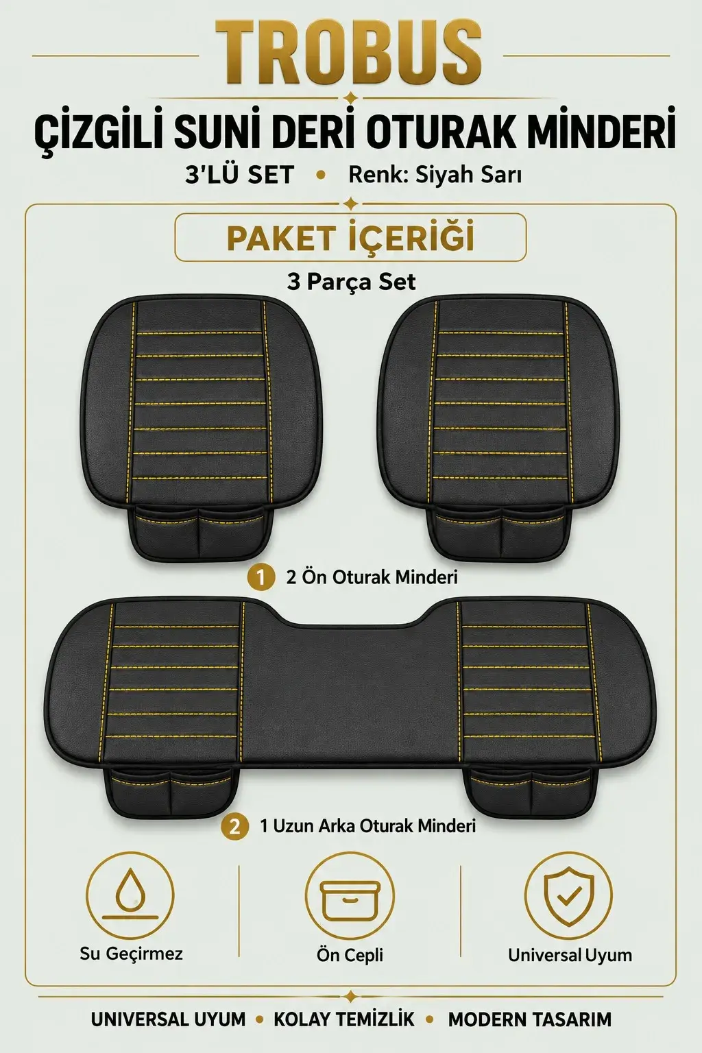 Üniversal Çizgili Suni Deri 3'lü Su Geçirmez Oto Oturak Minderi Siyah Sarı