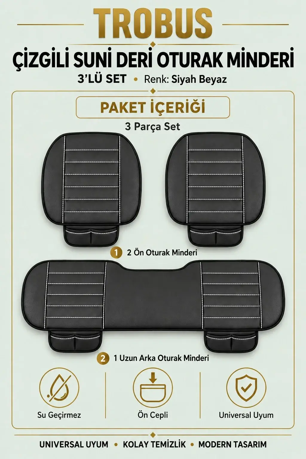 Üniversal Çizgili Suni Deri 3'lü Su Geçirmez Oto Oturak Minderi Siyah Beyaz