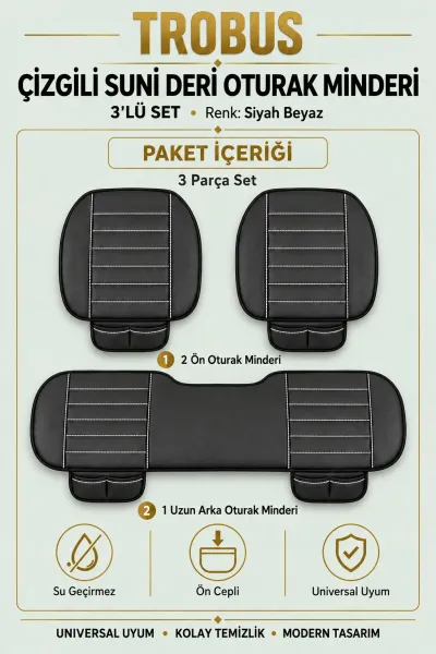 Üniversal Çizgili Suni Deri 3'lü Su Geçirmez Oto Oturak Minderi Siyah Beyaz
