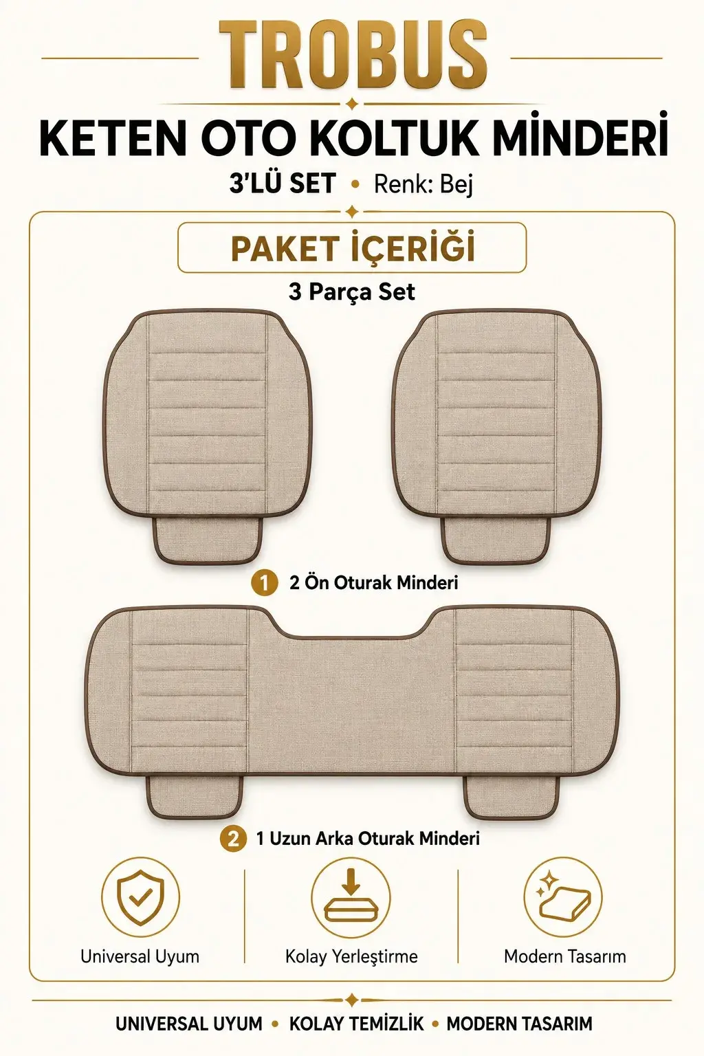 Üniversal Su Geçirmez Keten Oto Koltuk Minderi 3'lü Set Bej