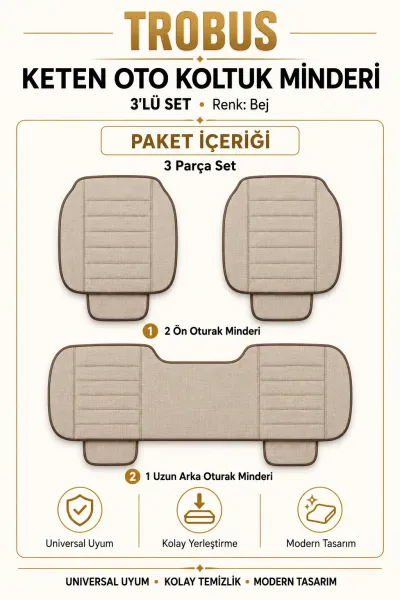 Üniversal Su Geçirmez Keten Oto Koltuk Minderi 3'lü Set Bej