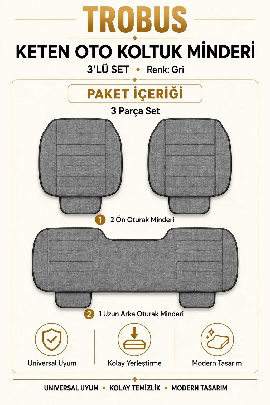 Üniversal Su Geçirmez Keten Oto Koltuk Minderi 3'lü Set Gri