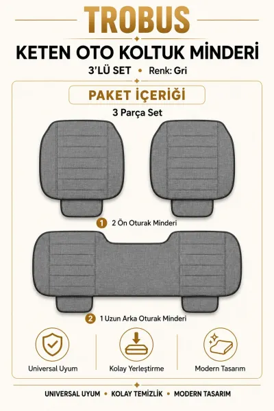 Üniversal Su Geçirmez Keten Oto Koltuk Minderi 3'lü Set Gri