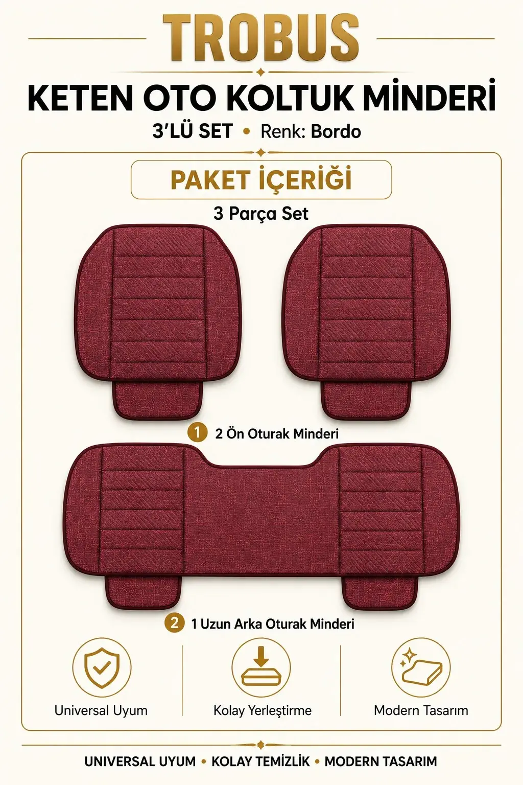 Üniversal Su Geçirmez Keten Oto Koltuk Minderi 3'lü Set Bordo