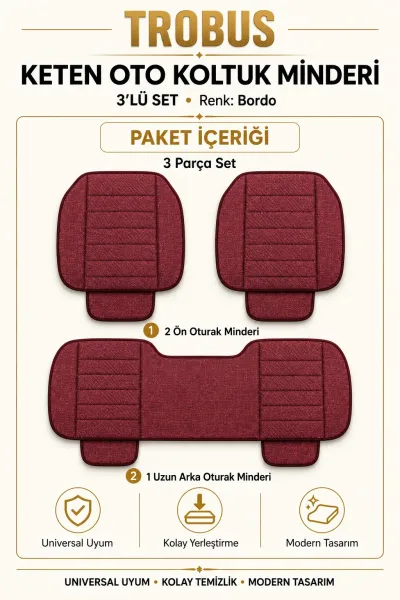 Üniversal Su Geçirmez Keten Oto Koltuk Minderi 3'lü Set Bordo