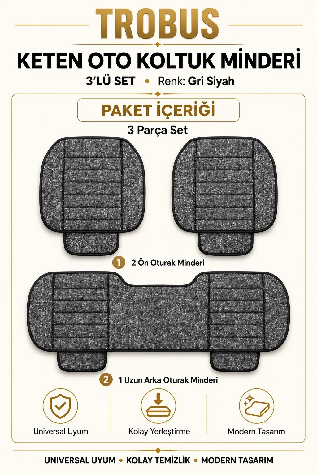 Üniversal Su Geçirmez Keten Oto Koltuk Minderi 3'lü Set Gri Siyah
