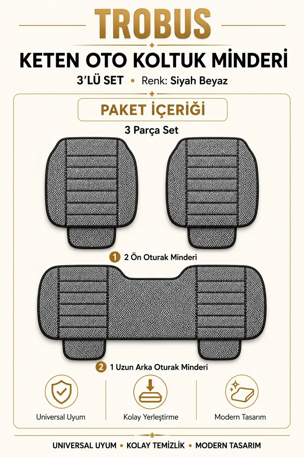 Üniversal Su Geçirmez Keten Oto Koltuk Minderi 3'lü Set Siyah Beyaz