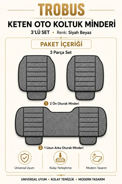 Üniversal Su Geçirmez Keten Oto Koltuk Minderi 3'lü Set Siyah Beyaz