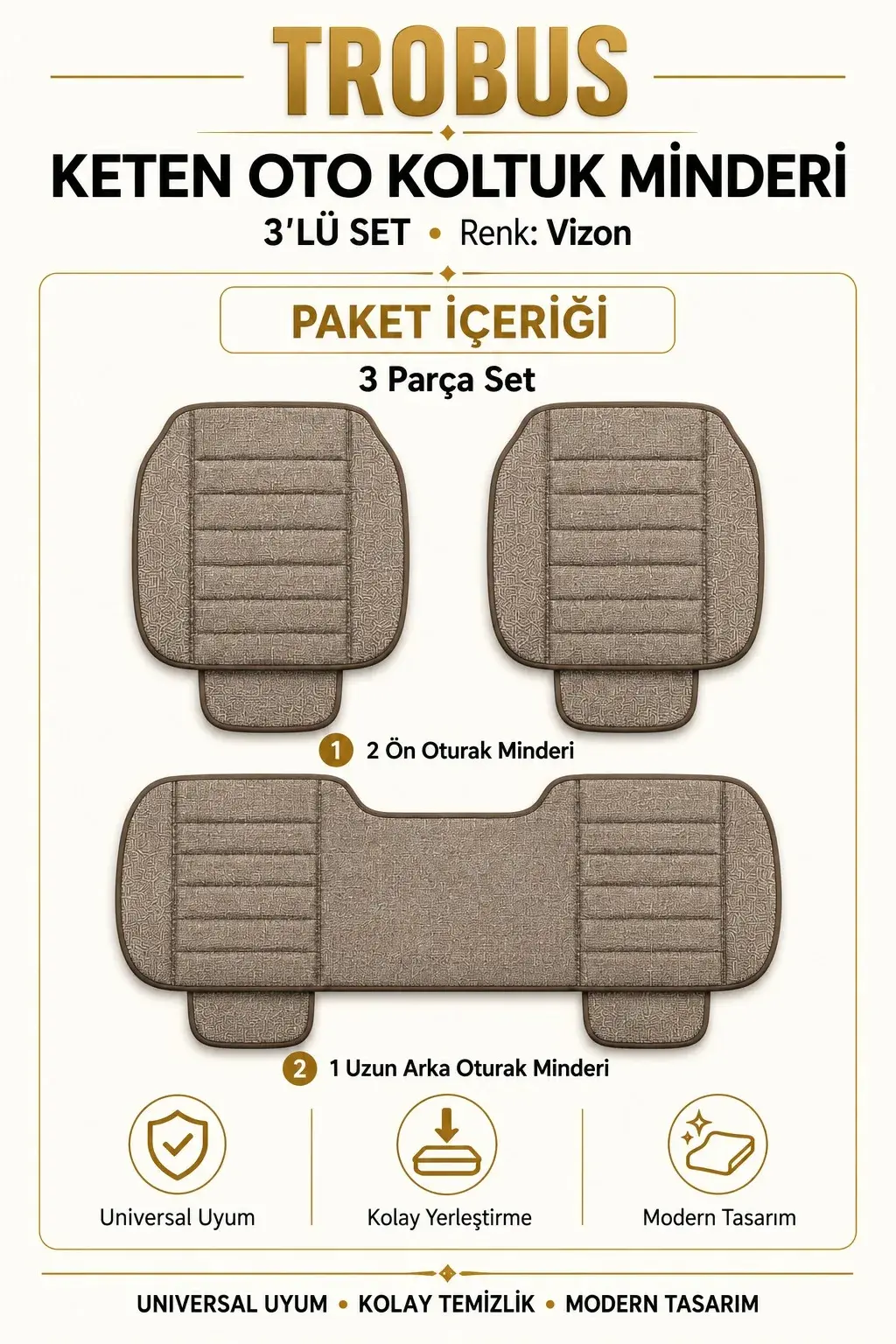 Üniversal Su Geçirmez Keten Oto Koltuk Minderi 3'lü Set Vizon