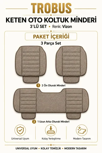 Üniversal Su Geçirmez Keten Oto Koltuk Minderi 3'lü Set Vizon
