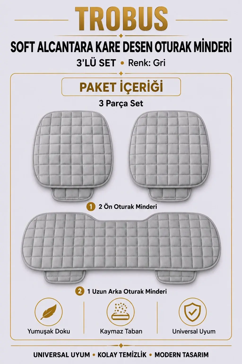 Üniversal Soft Alcantara Kare Desen 3'lü Oturak Minderi Gri