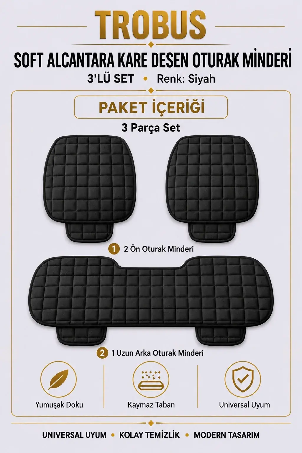 Üniversal Soft Alcantara Kare Desen 3'lü Oturak Minderi Siyah