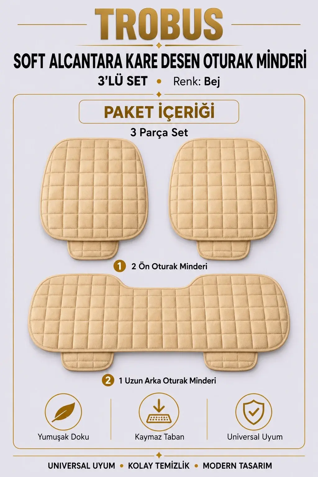 Üniversal Soft Alcantara Kare Desen 3'lü Oturak Minderi Bej