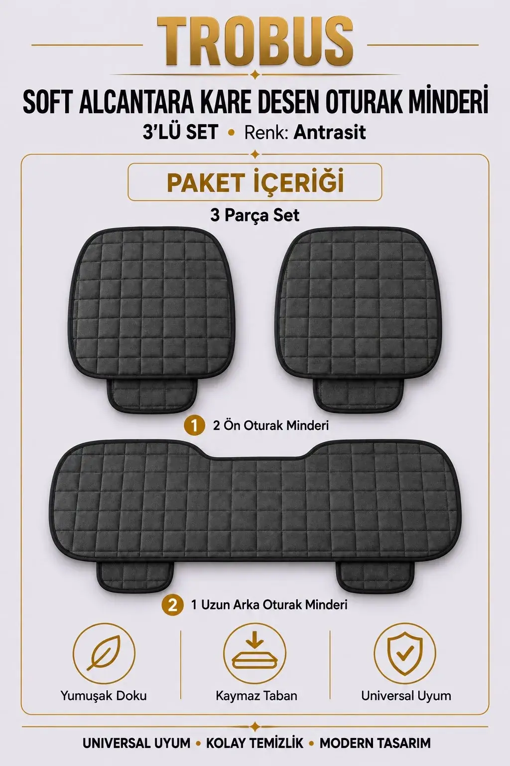 Üniversal Soft Alcantara Kare Desen 3'lü Oturak Minderi Antrasit