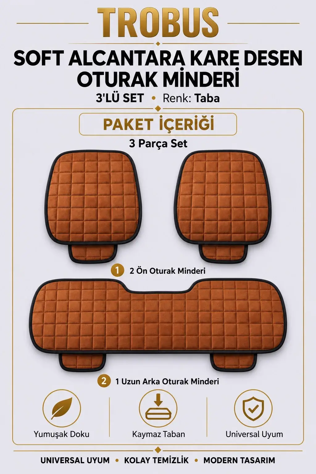 Üniversal Soft Alcantara Kare Desen 3'lü Oturak Minderi Taba