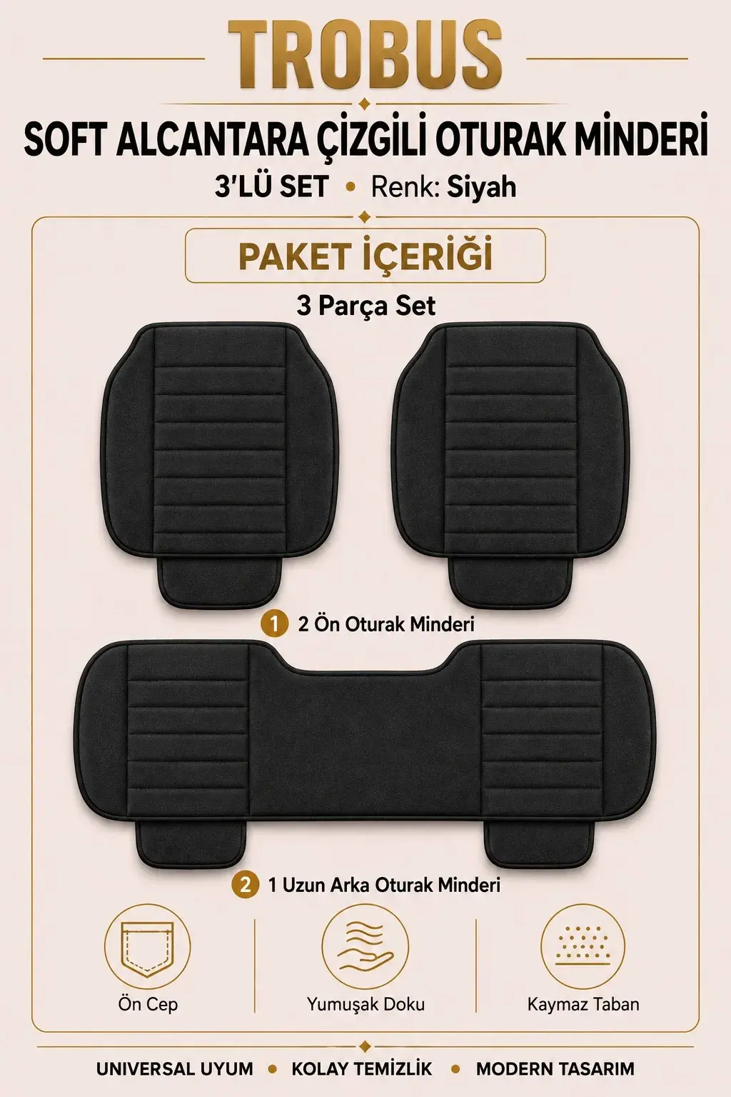 Üniversal Soft Alcantara Çizgili 3'lü Oturak Minderi Siyah