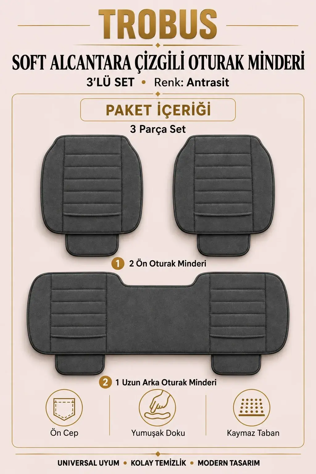 Üniversal Soft Alcantara Çizgili 3'lü Oturak Minderi Antrasit