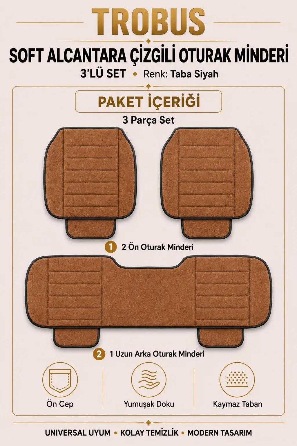 Üniversal Soft Alcantara Çizgili 3'lü Oturak Minderi Taba Siyah
