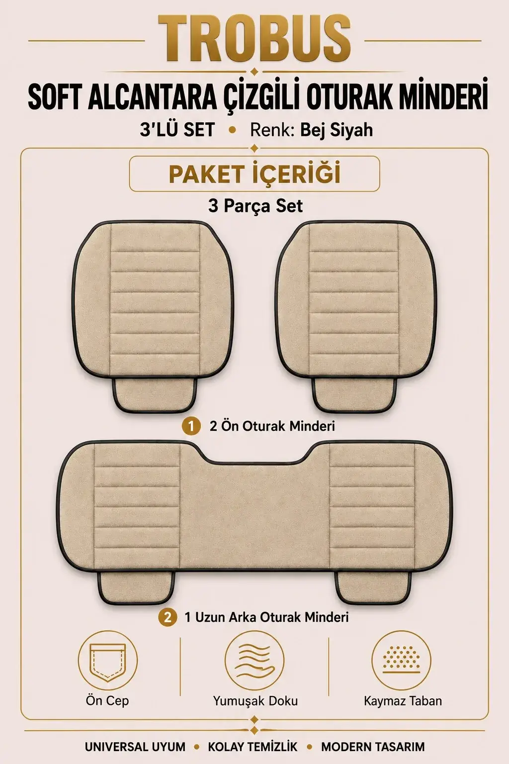 Üniversal Soft Alcantara Çizgili 3'lü Oturak Minderi Bej Siyah