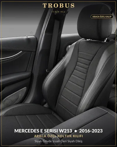 Mercedes E Serisi W213 2016-2023 Araca Özel Koltuk Kılıfı Siyah Gövde Siyah Deri Siyah Dikiş