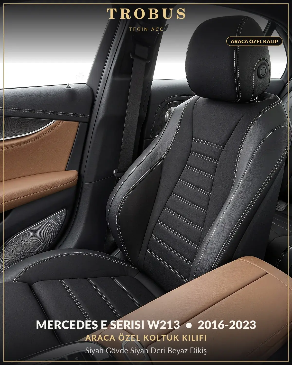 Mercedes E Serisi W213 2016-2023 Araca Özel Koltuk Kılıfı Siyah Gövde Siyah Deri Beyaz Dikiş (1)