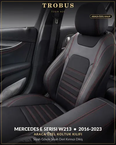 Mercedes E Serisi W213 2016-2023 Araca Özel Koltuk Kılıfı Siyah Gövde Siyah Deri Kırmızı Dikiş