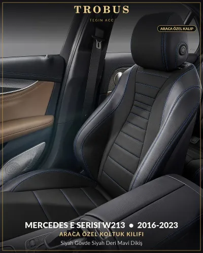 Mercedes E Serisi W213 2016-2023 Araca Özel Koltuk Kılıfı Siyah Gövde Siyah Deri Mavi Dikiş