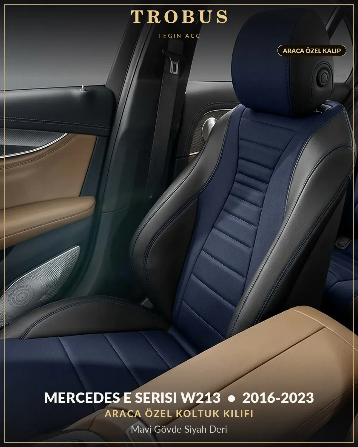 Mercedes E Serisi W213 2016-2023 Araca Özel Koltuk Kılıfı Mavi Gövde Siyah Deri (1)