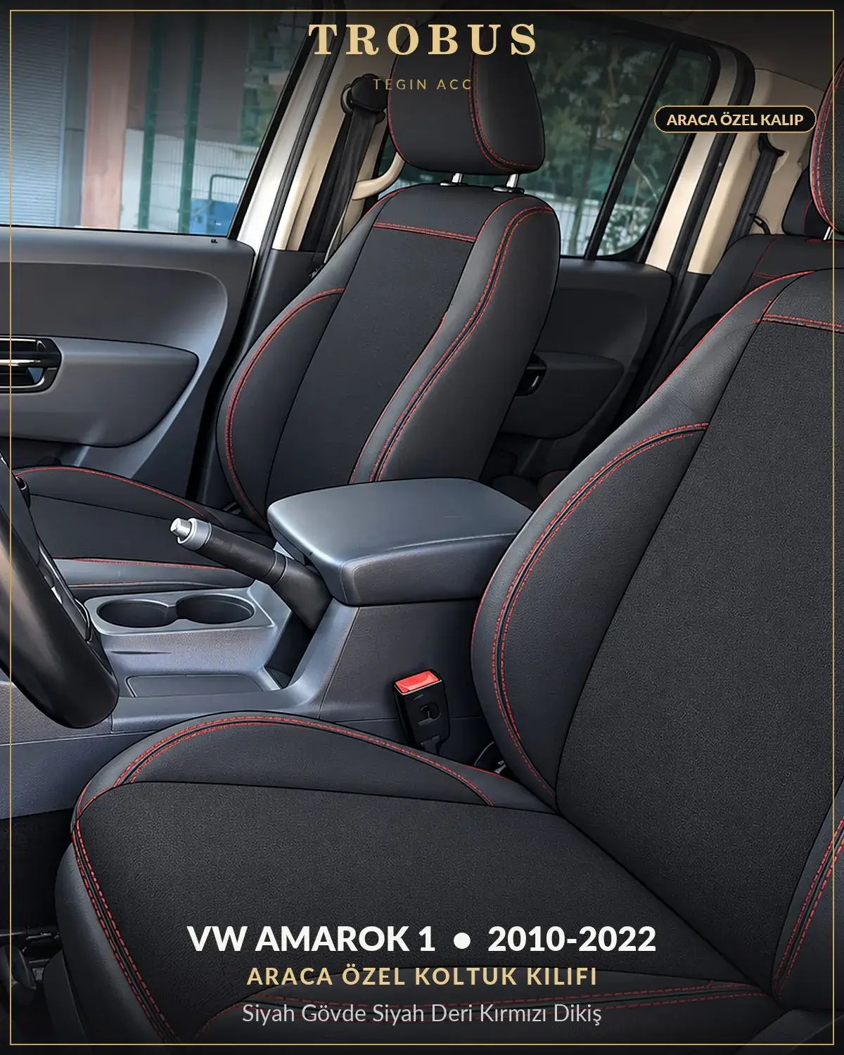 Volkswagen Amarok 1 2010-2022 Araca Özel Koltuk Kılıfı Siyah Gövde Siyah Deri Kırmızı Dikiş (1)