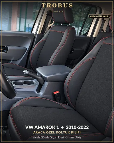 Volkswagen Amarok 1 2010-2022 Araca Özel Koltuk Kılıfı Siyah Gövde Siyah Deri Kırmızı Dikiş