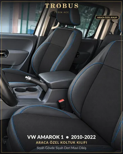 Volkswagen Amarok 1 2010-2022 Araca Özel Koltuk Kılıfı Siyah Gövde Siyah Deri Mavi Dikiş