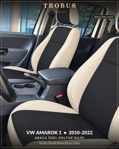 Volkswagen Amarok 1 2010-2022 Araca Özel Koltuk Kılıfı Siyah Gövde Kırık Beyaz Deri