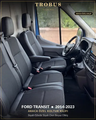 Ford Transit 2014-2023 Araca Özel Koltuk Kılıfı Siyah Gövde Siyah Deri Beyaz Dikiş