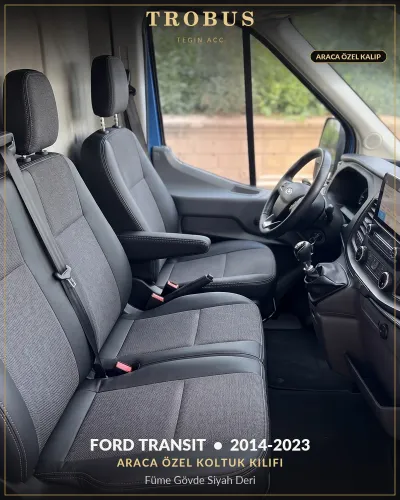 Ford Transit 2014-2023 Araca Özel Koltuk Kılıfı Füme Gövde Siyah Deri