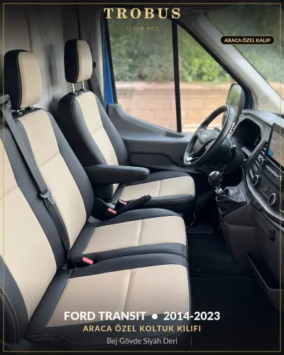 Ford Transit 2014-2023 Araca Özel Koltuk Kılıfı Bej Gövde Siyah Deri