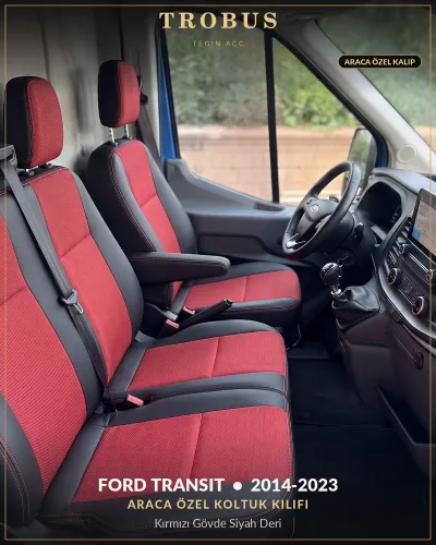 Ford Transit 2014-2023 Araca Özel Koltuk Kılıfı Kırmızı Gövde Siyah Deri