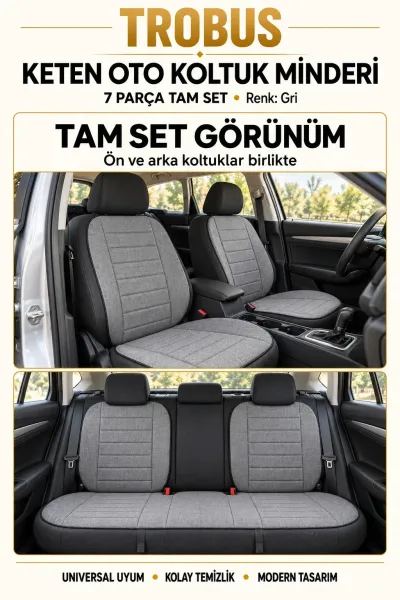 Üniversal Su Geçirmez Keten Oto Koltuk Minderi 7 Parça Tam Set Gri