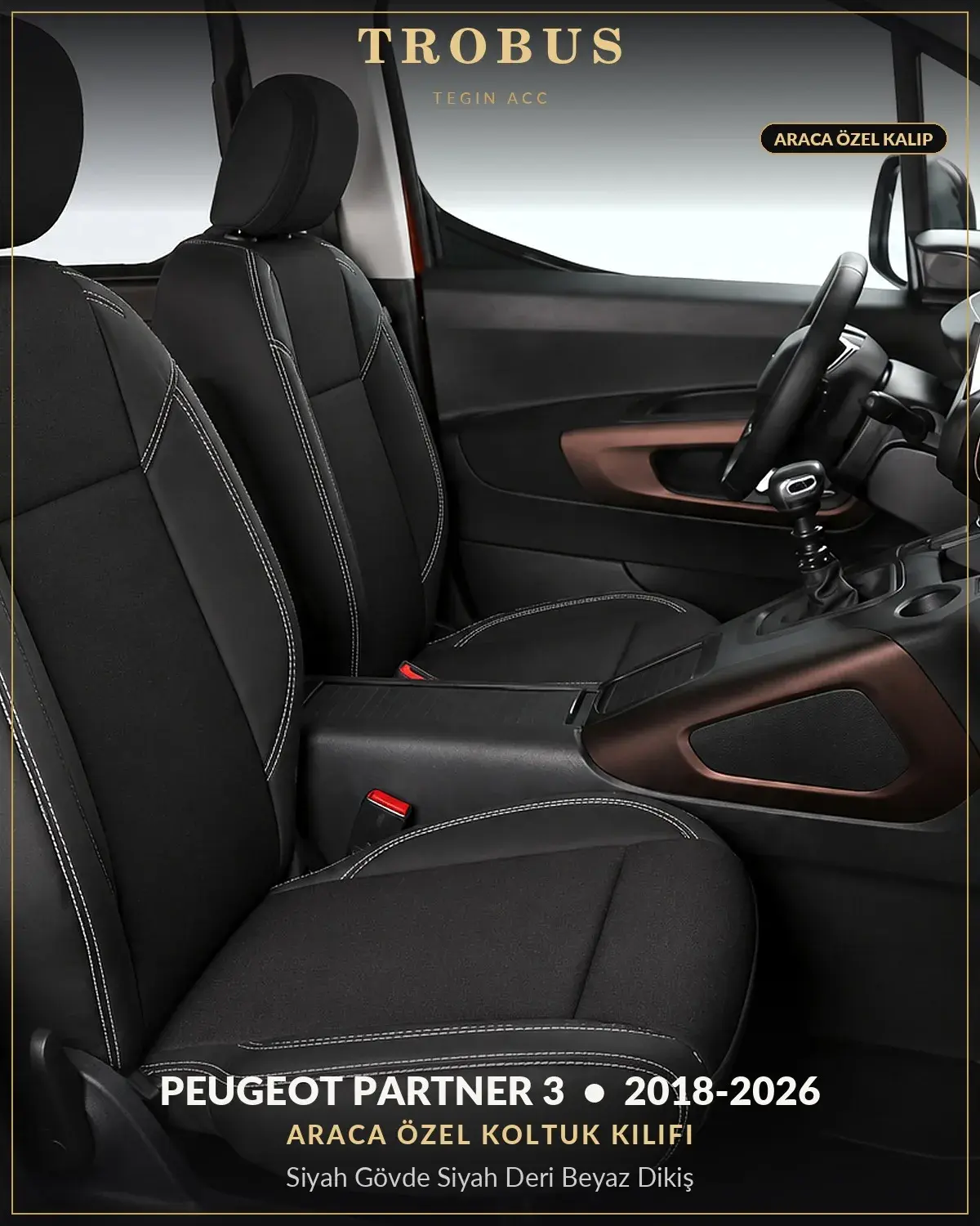 Peugeot Partner 3 2018-2026 Araca Özel Koltuk Kılıfı Siyah Gövde Siyah Deri Beyaz Dikiş (1)