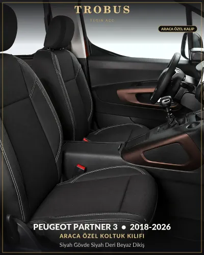 Peugeot Partner 3 2018-2026 Araca Özel Koltuk Kılıfı Siyah Gövde Siyah Deri Beyaz Dikiş