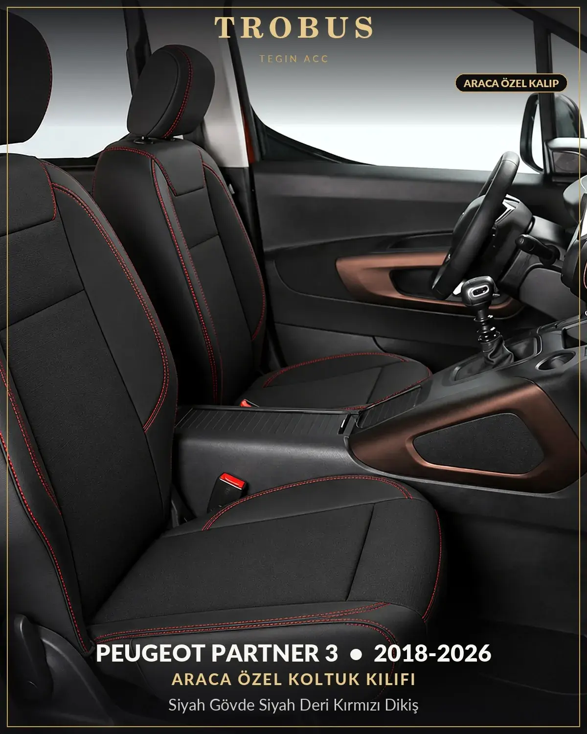 Peugeot Partner 3 2018-2026 Araca Özel Koltuk Kılıfı Siyah Gövde Siyah Deri Kırmızı Dikiş (1)