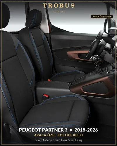 Peugeot Partner 3 2018-2026 Araca Özel Koltuk Kılıfı Siyah Gövde Siyah Deri Mavi Dikiş